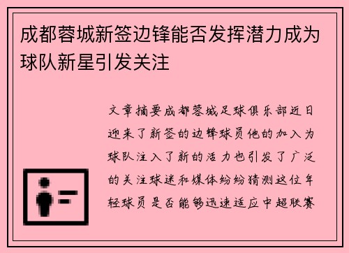 成都蓉城新签边锋能否发挥潜力成为球队新星引发关注